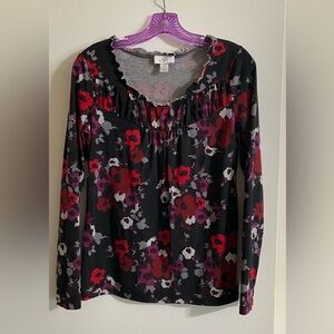 LOFT Black Floral Blouse with Red and Purple Accents